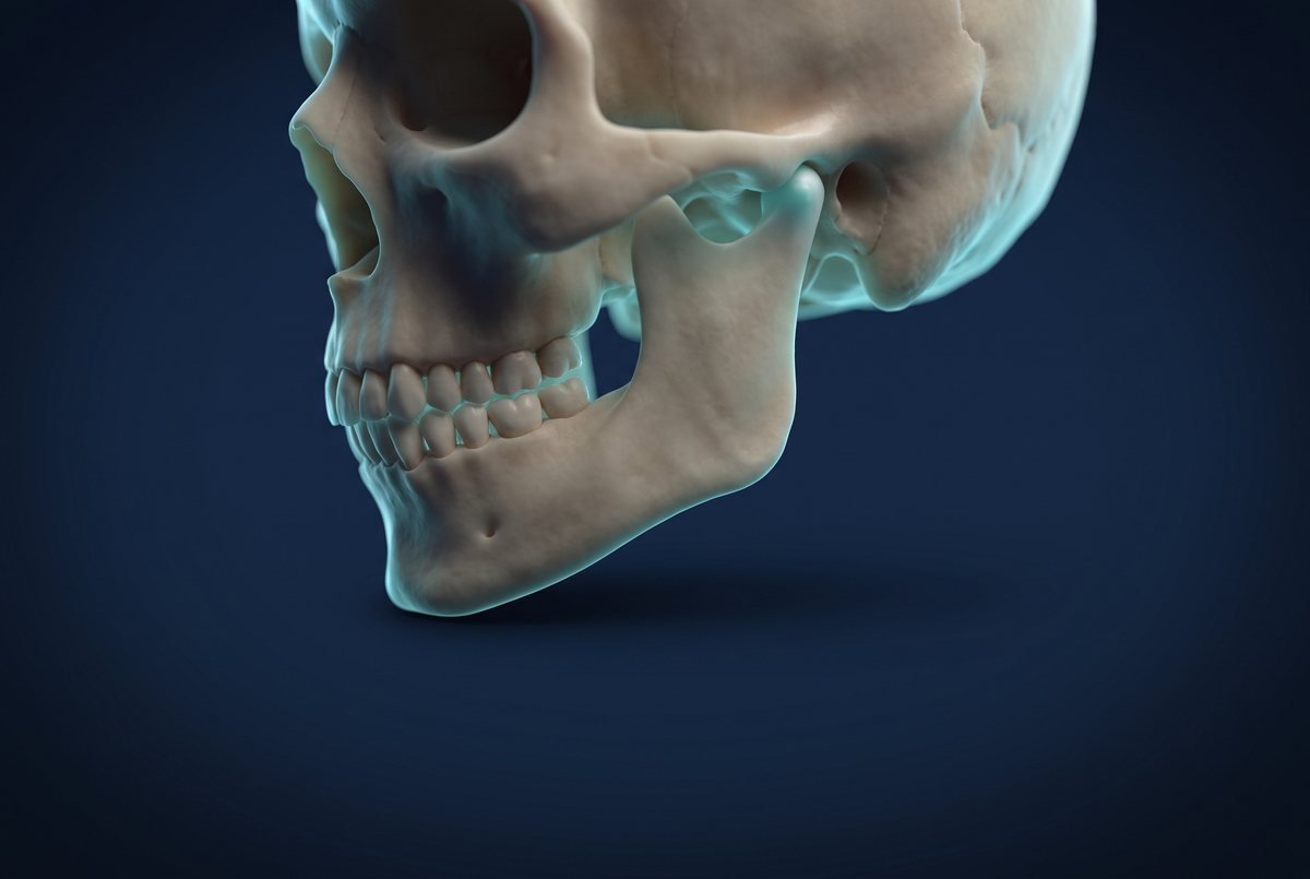 Ilustração 3D da articulação temporomandibular, a ATM